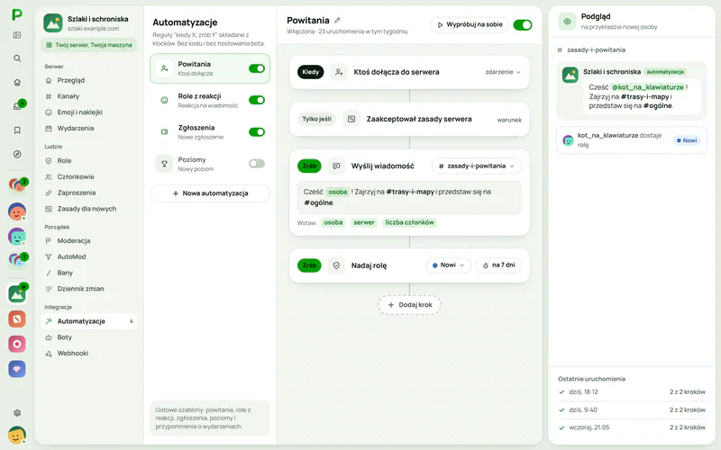 Automatyzacje serwera w Plazerze: lista reguł i edytor powitania, które wysyła wiadomość i nadaje rolę