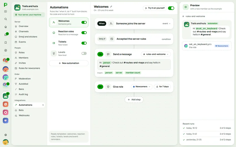 Server automations in Plazer: the list of rules and the welcome rule editor that sends a message and assigns a role