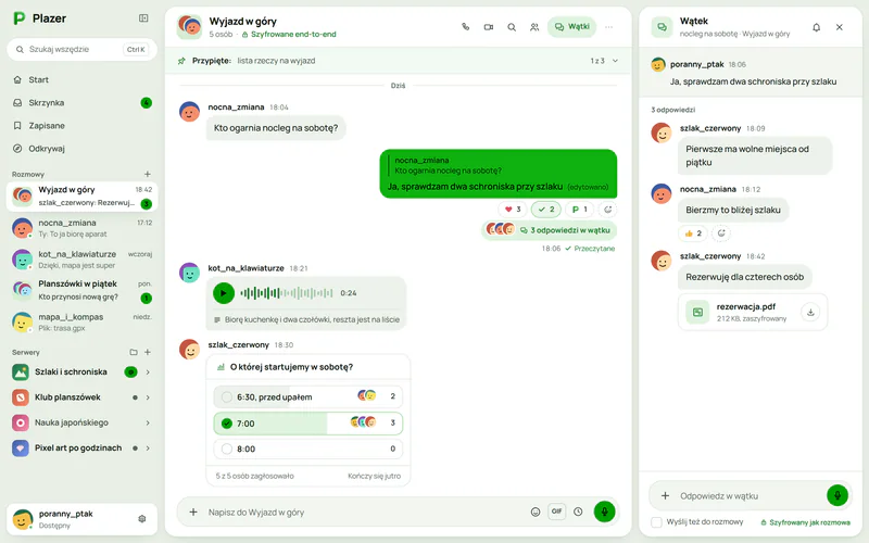 Grupa "Wyjazd w góry" w Plazerze: odpowiedź z cytatem, reakcje, głosówka z transkrypcją, ankieta i otwarty wątek o noclegu