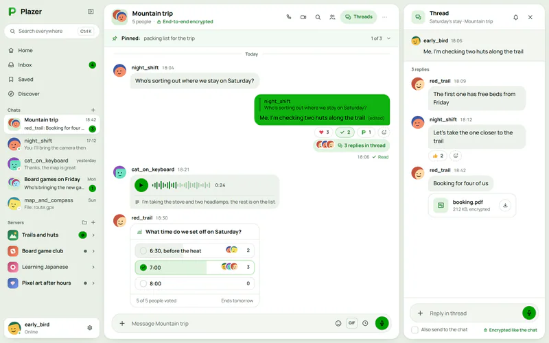 The "Mountain trip" group in Plazer: a reply with a quote, reactions, a voice note with a transcript, a poll and an open thread about where to stay