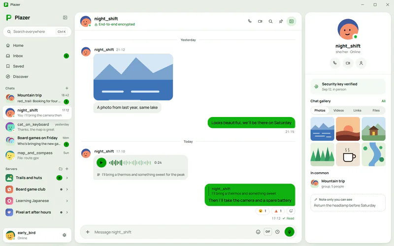 The Plazer app on a laptop: a conversation with a photo and a voice message, and the other person's profile with a gallery