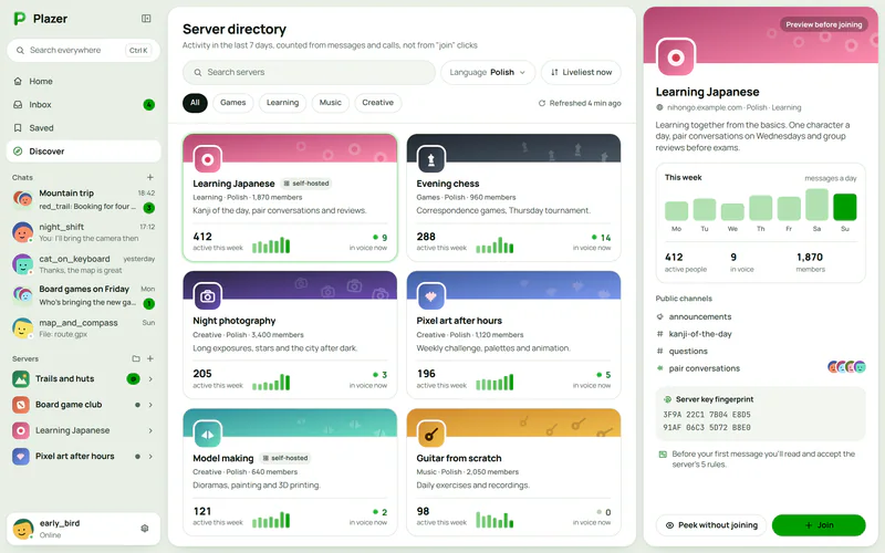 The Plazer server directory: community cards with their activity and a preview of the selected server