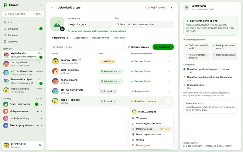 Ustawienia grupy prywatnej w Plazerze z członkami i ich rolami