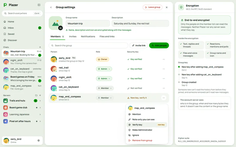Private group settings in Plazer with members and their roles