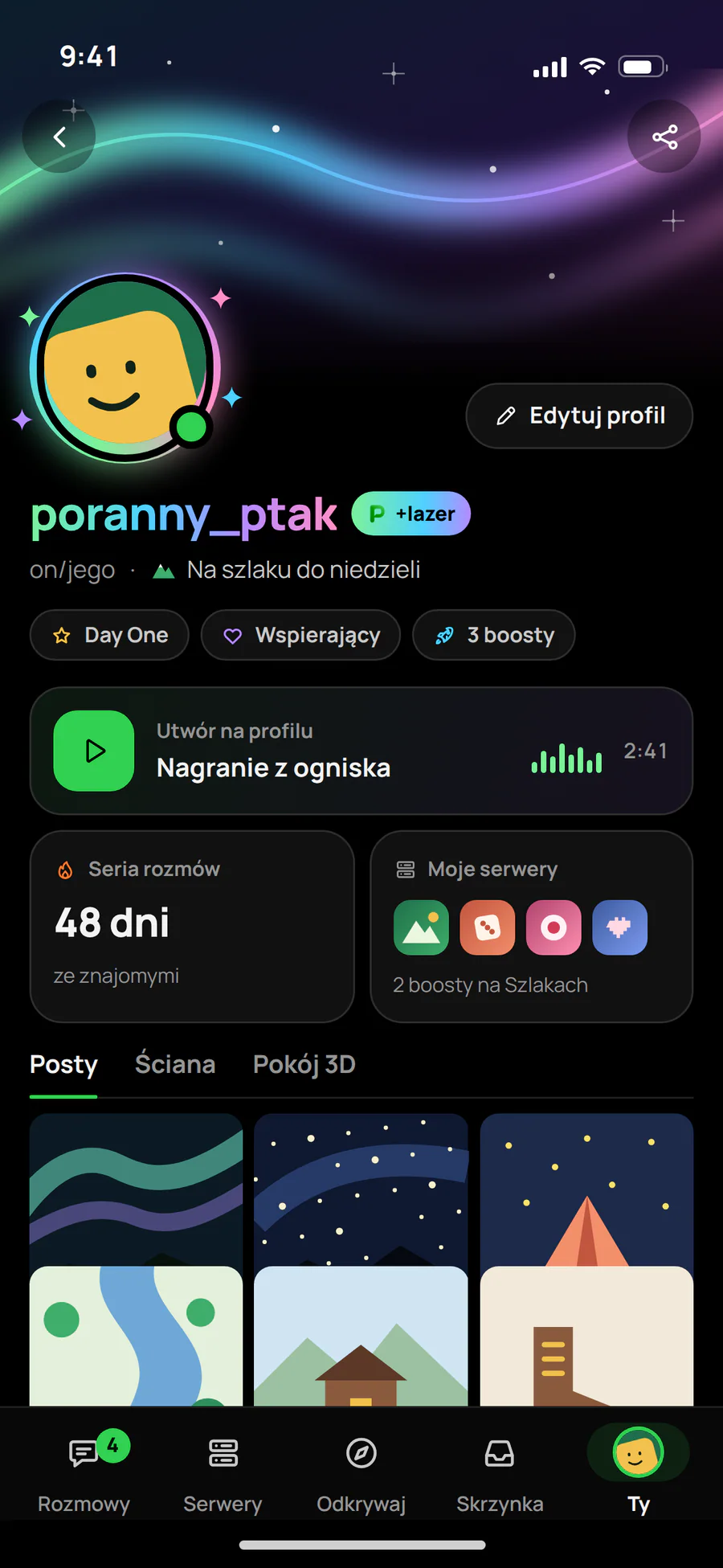 Profil z Lazerem na telefonie: animowane tło, odznaki, seria rozmów, serwery i posty