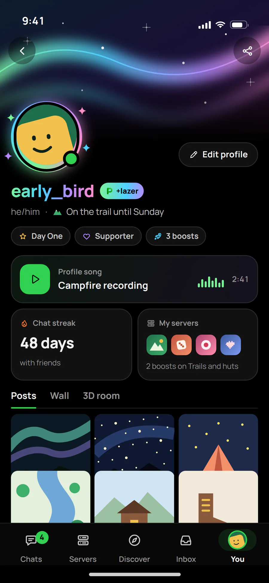 A profile with Lazer on a phone: an animated banner, badges, a conversation streak, servers and posts