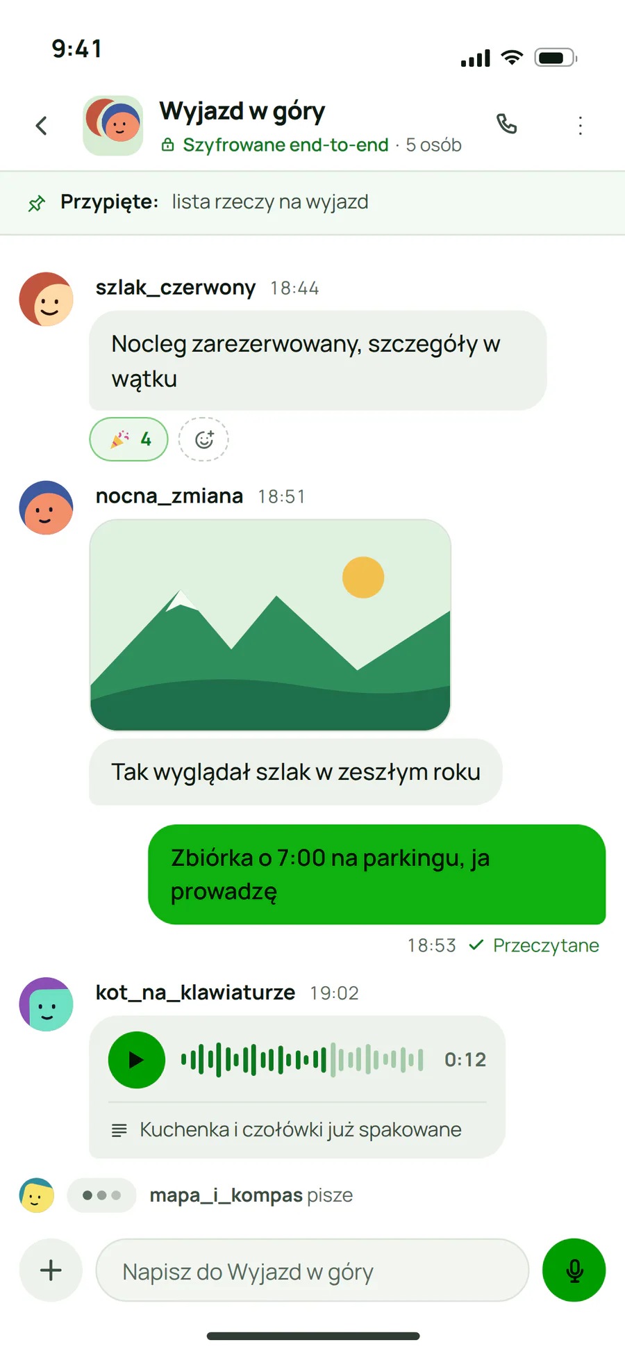 Grupa "Wyjazd w góry" w Plazerze: zarezerwowany nocleg, zdjęcie szlaku, godzina zbiórki i głosówka z transkrypcją