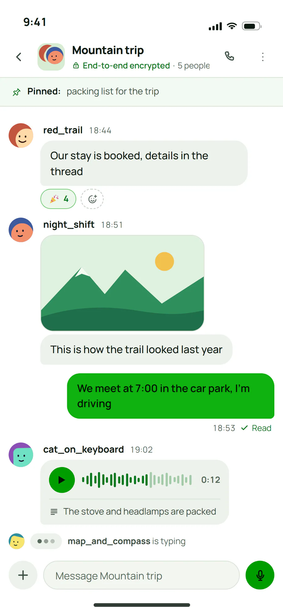 The "Mountain trip" group in Plazer: the booked stay, a photo of the trail, the meeting time and a voice note with a transcript