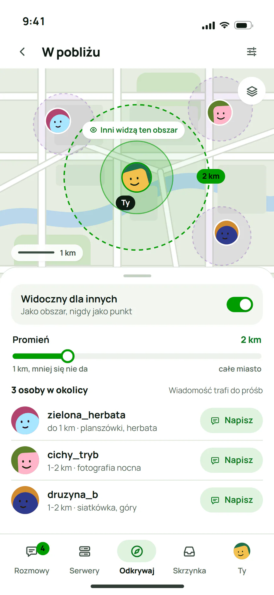 Osoby w pobliżu na telefonie: mapa z obszarem zamiast punktu, promień i lista osób w okolicy