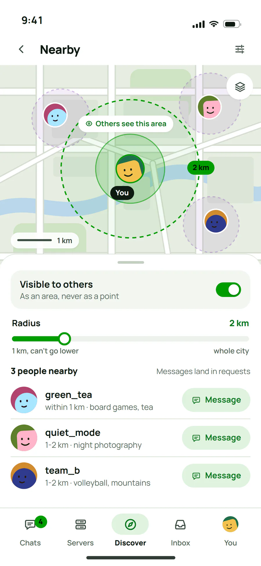 People nearby on a phone: a map with an area instead of a point, the radius and the list of people around