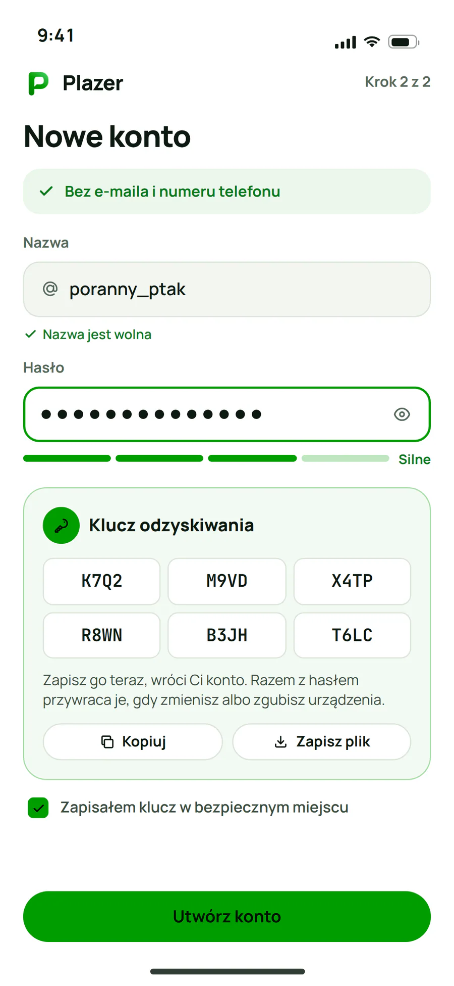 Zakładanie konta w Plazerze na telefonie: nazwa i hasło bez e-maila i numeru telefonu oraz klucz odzyskiwania do zapisania