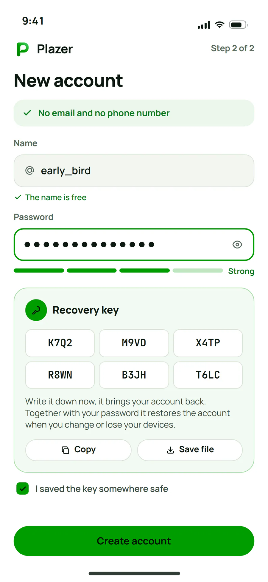 Creating a Plazer account on a phone: a name and a password with no email or phone number, and a recovery key to write down