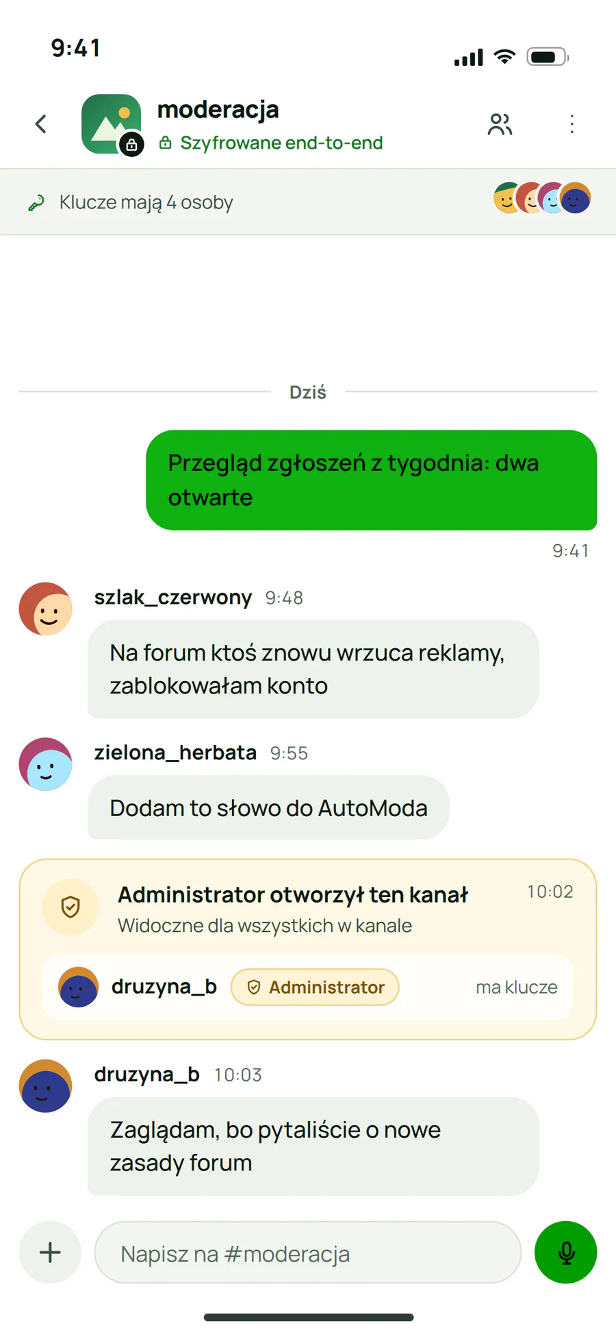 Prywatny kanał w Plazerze z widocznym dla wszystkich wpisem, że administrator otworzył kanał