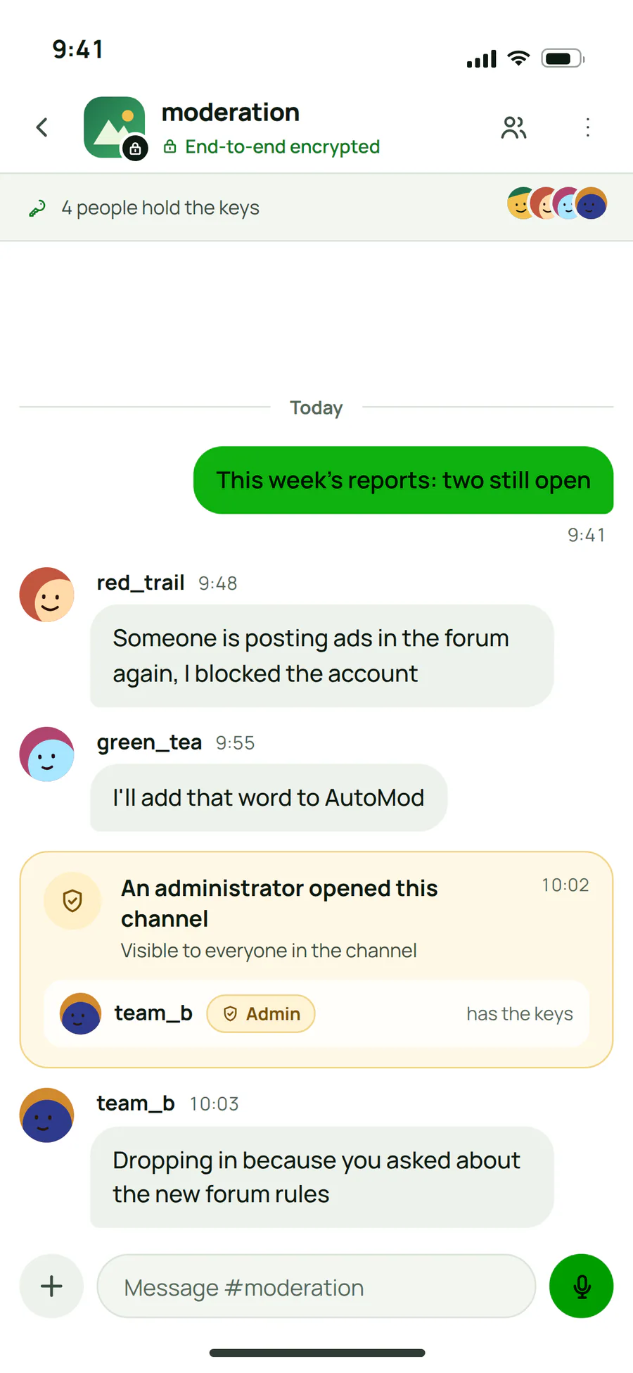 A private Plazer channel with an entry, visible to everyone, saying that an administrator opened the channel