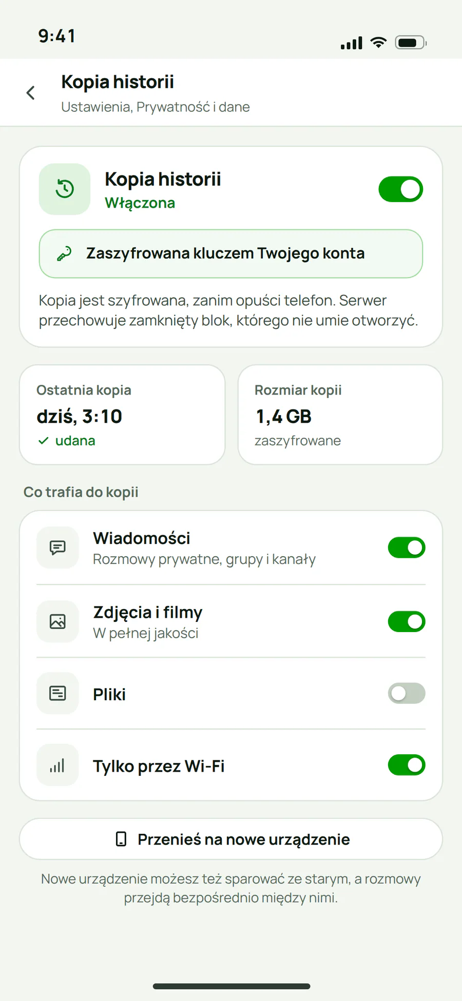 Ustawienia kopii historii w Plazerze: kopia włączona, zaszyfrowana kluczem konta, z wyborem tego, co do niej trafia