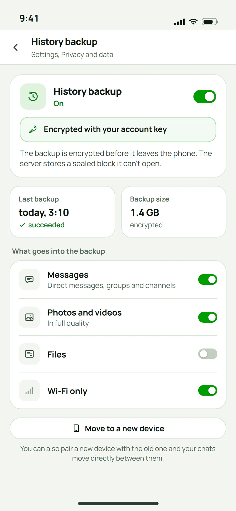Plazer history backup settings: the backup is on, encrypted with the account key, with a choice of what goes into it