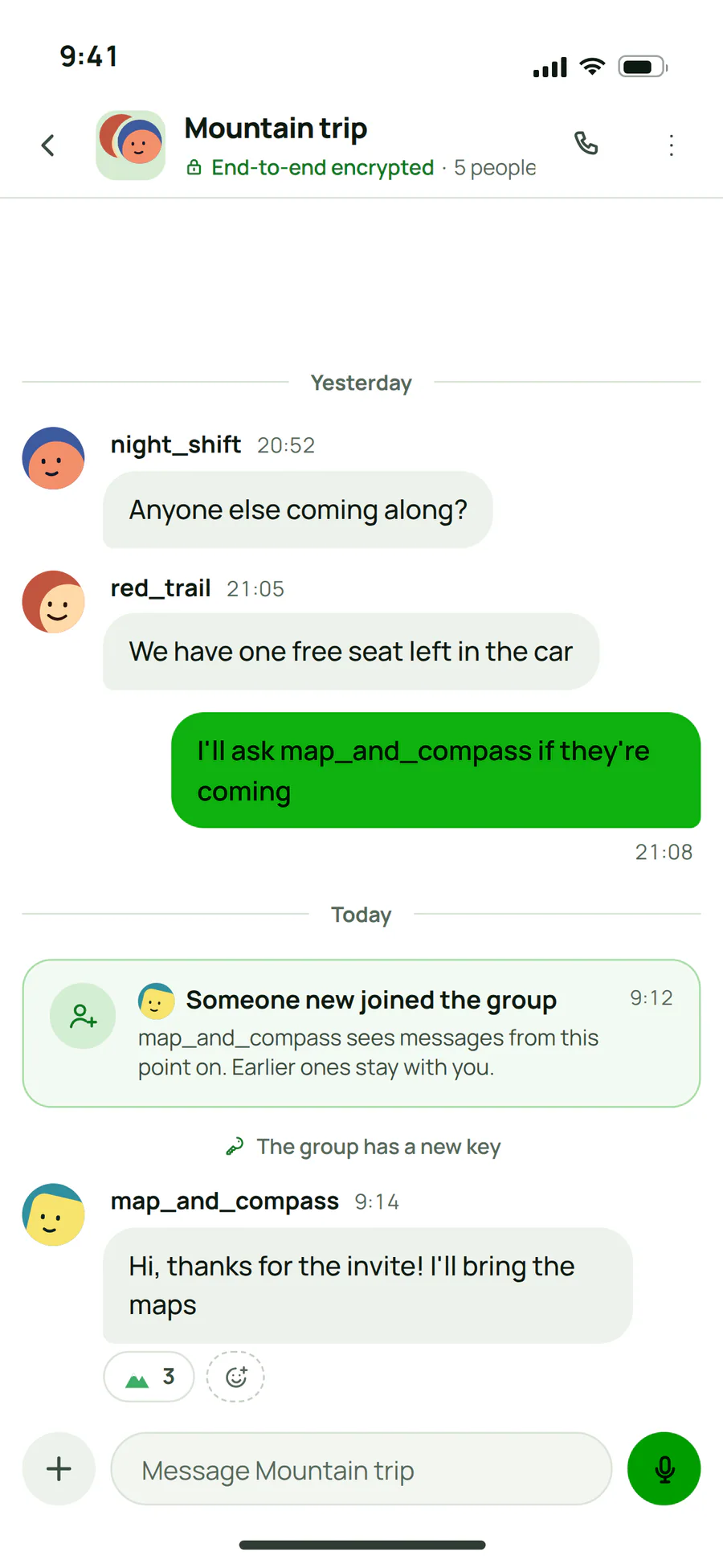 A Plazer group showing that a new member sees messages from the moment they joined and that the group has a new key