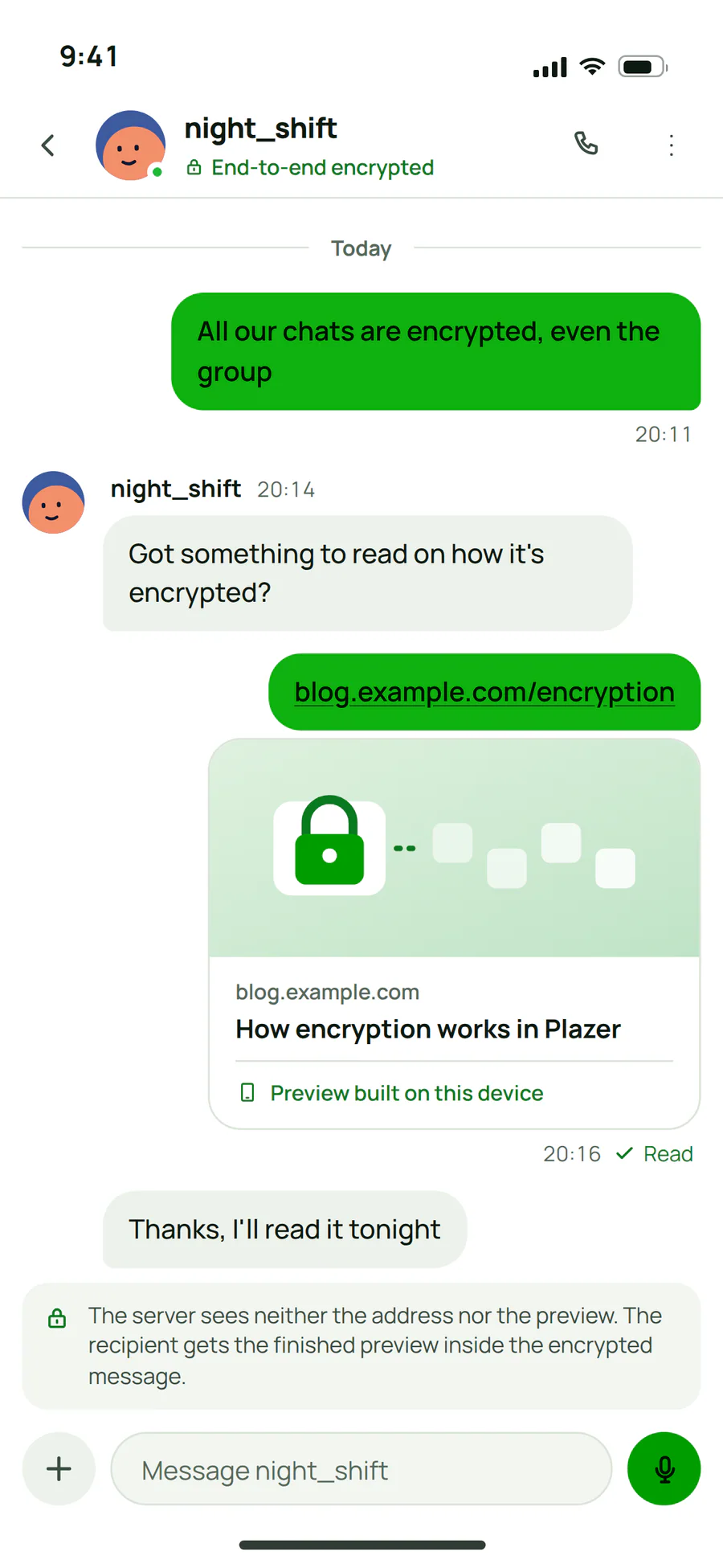 An encrypted Plazer conversation with a link preview built on the sender's device