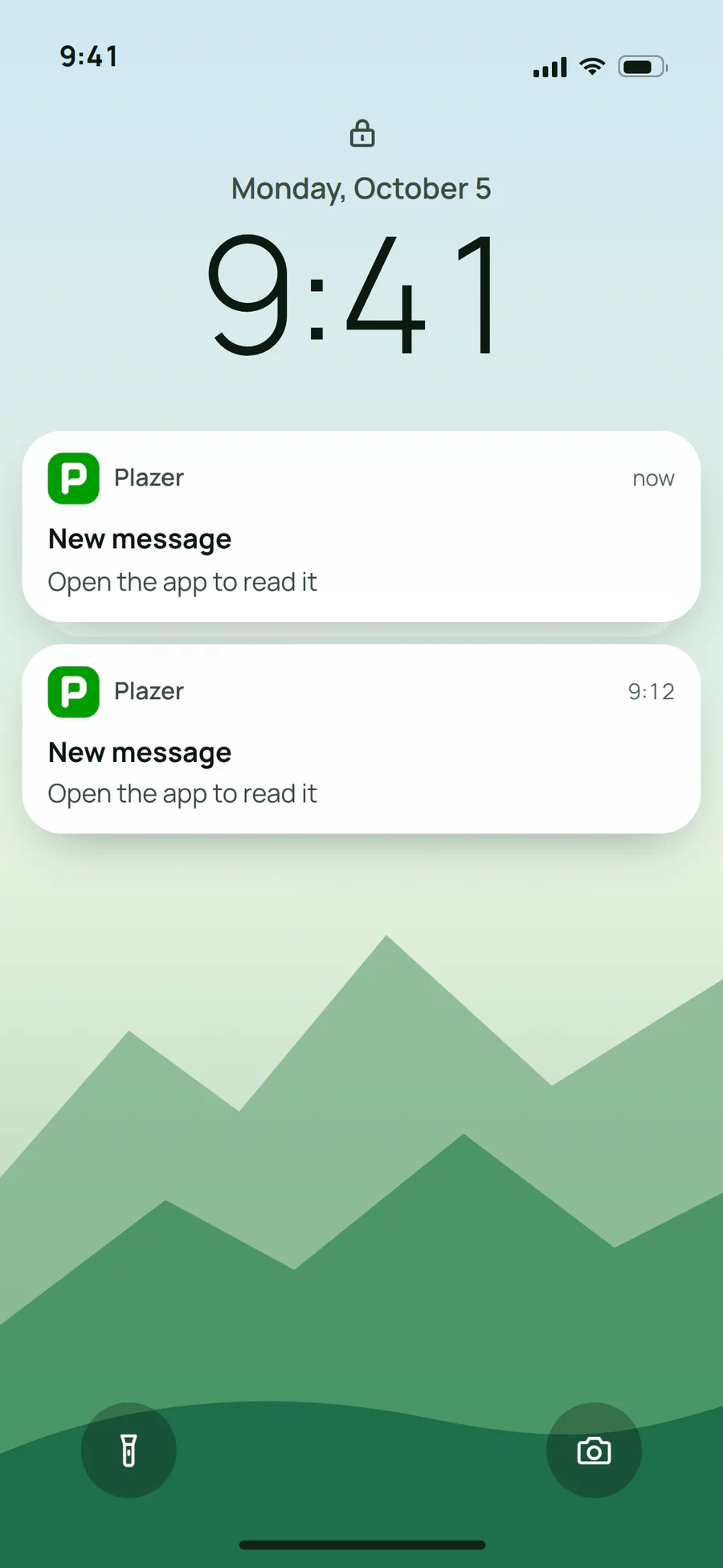 A phone lock screen with Plazer notifications that only say "New message", without the content