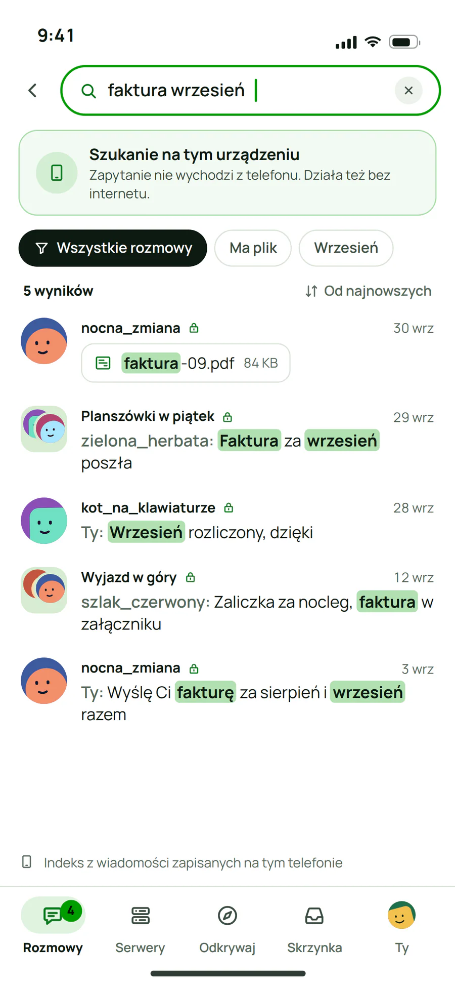 Wyszukiwanie w Plazerze na telefonie: wyniki z indeksu zapisanego na urządzeniu, z filtrami po rozmowie, pliku i dacie