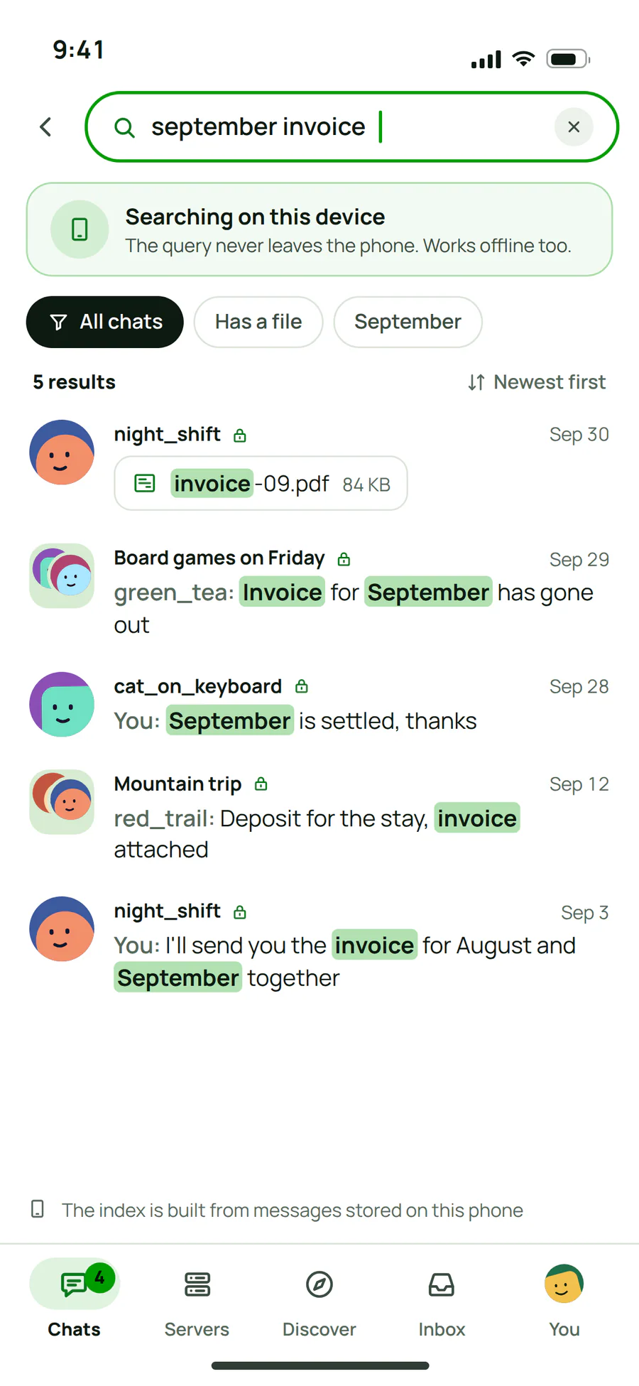Search in Plazer on a phone: results from the index stored on the device, with filters for chat, file and date