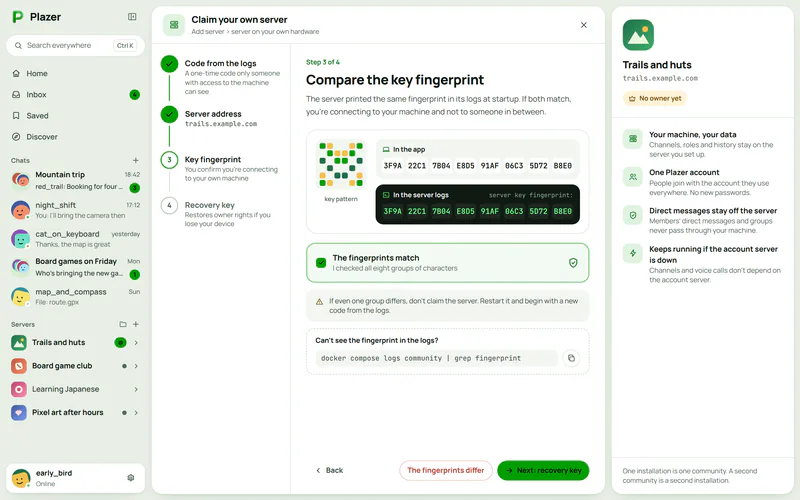 Claiming your own server in Plazer: the steps and comparing the key fingerprint with the one the server shows