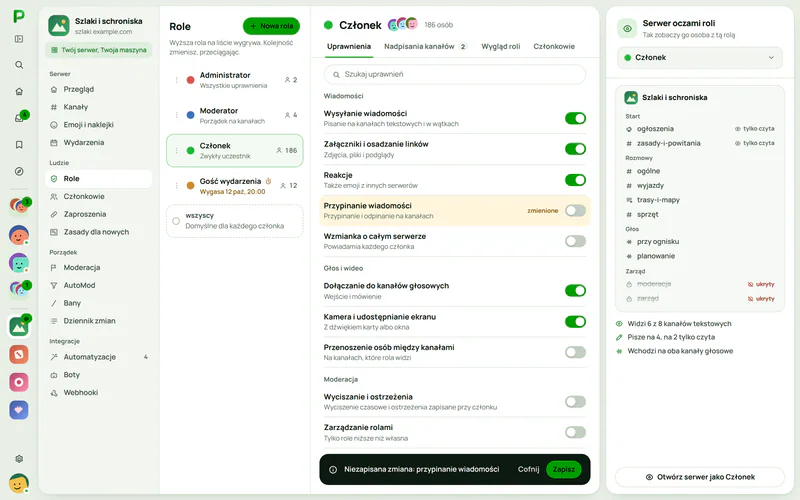 Ustawienia ról na serwerze w Plazerze z podglądem serwera oczami roli