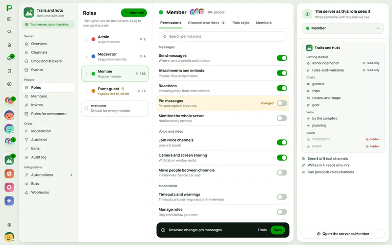 Role settings on a Plazer server with a preview of the server as a role sees it