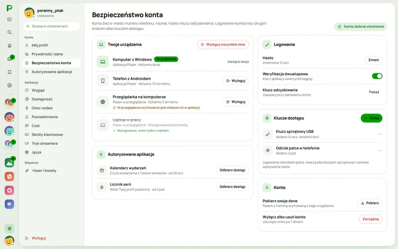 Bezpieczeństwo konta w Plazerze: zalogowane urządzenia, autoryzowane aplikacje i klucze dostępu