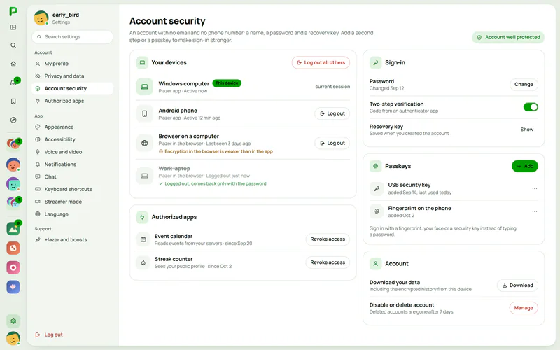 Plazer account security: signed-in devices, authorised apps and passkeys