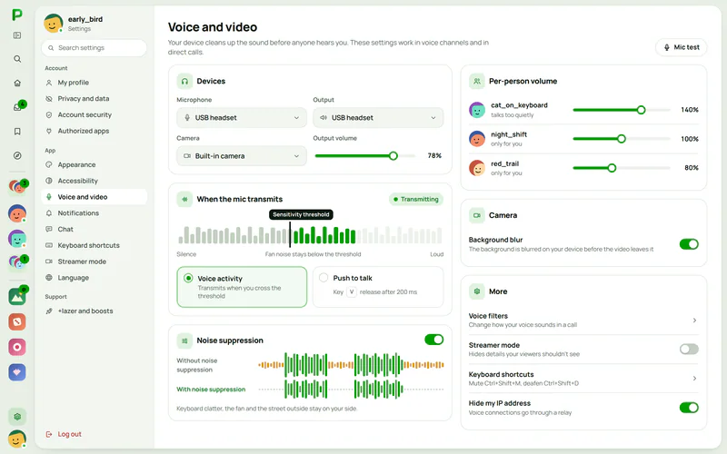 Plazer voice and video settings: devices, a microphone test, noise reduction and the volume of each person