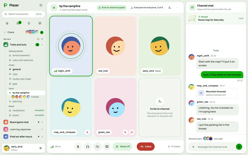 A Plazer voice room: people on tiles, the call controls and the channel chat alongside